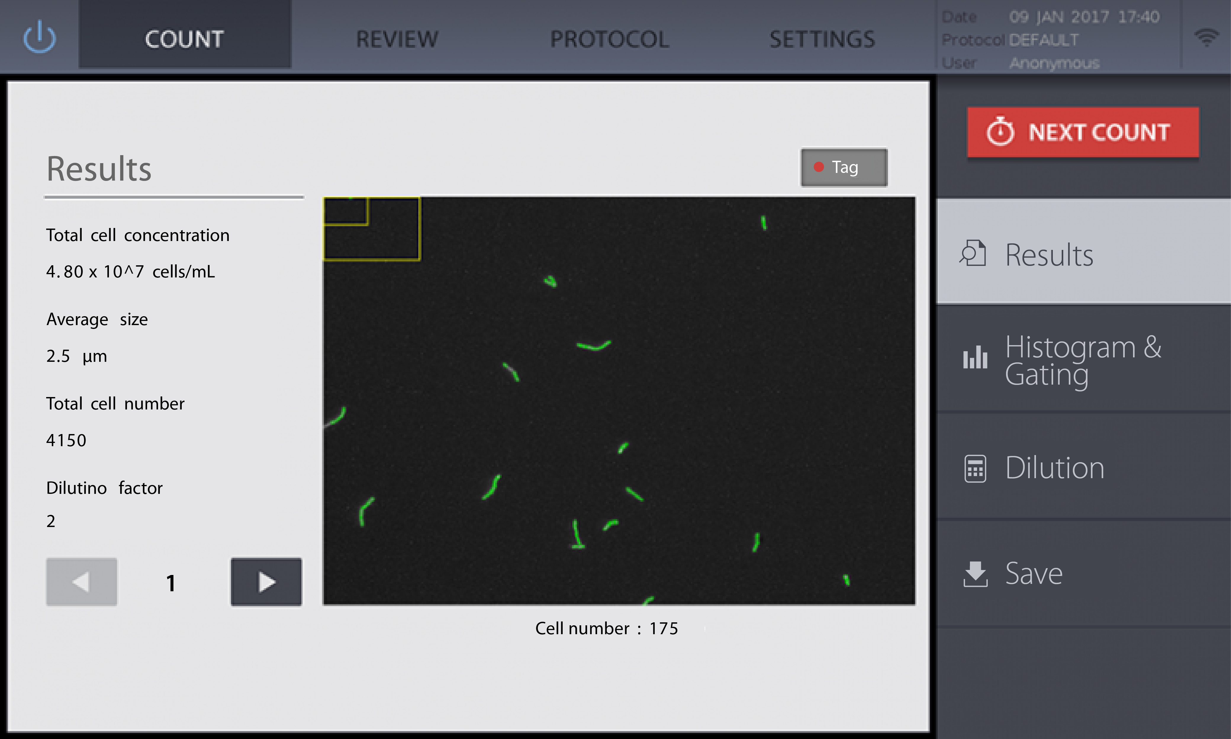 カウントされた微生物、統計情報、QC指標を表示するQUANTOM Tx 自動細胞カウンターの結果確認画面